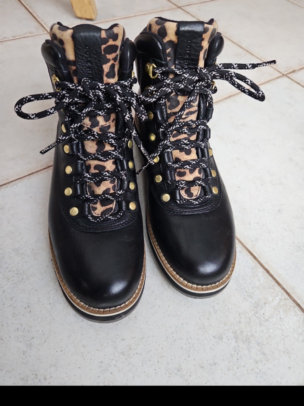 Cole Haan ZEROGRAND Black Lace-Up Hiker Boots with Leopard Accents